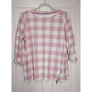 J Jill Pink White Plaid Pullover Sweater Zipper Detail 3/4 Sleeve Women's M(1189